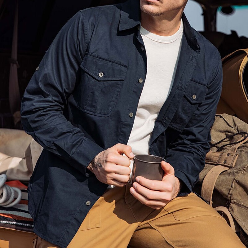 Voor heren Overhemdjasje Overhemd khaki Leger Groen Donkerblauw Lange mouw Effen Revers Vakantie Dagelijks Voorvak Kleding Katoen Katoenmix Modieus Casual Comfortabel 2025 - $35.99 –P1