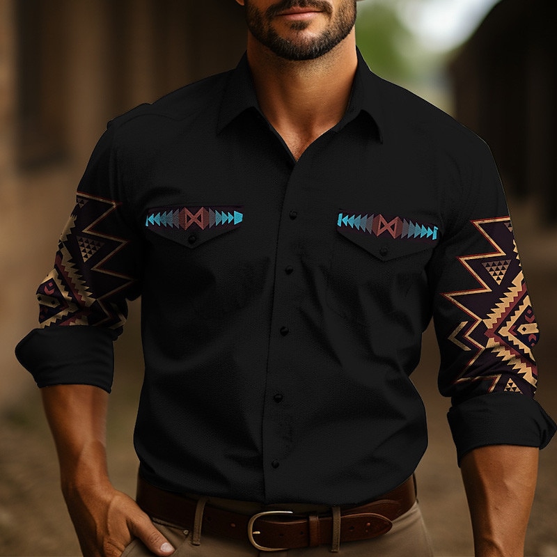 Hombre Tribal Estampados Cosecha Camisa camisa occidental Camisa vaquera Manga Larga Moda Ropa de calle Design Diario Exterior Otoño invierno Cuello Vuelto Estampado Azul Piscina Negro 2026 - $28.99 –P1