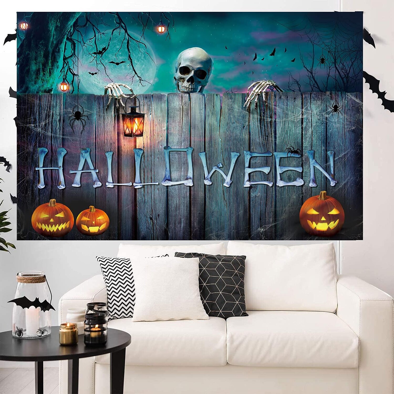 halloween dekorációk gobelin jack o lámpás tök dekor fal művészet nagy függő gobelin falfestmény dekoráció fénykép háttér takaró függöny otthon hálószoba nappali denevér kísértetház temető 2025 - GBP £8.99 –P6