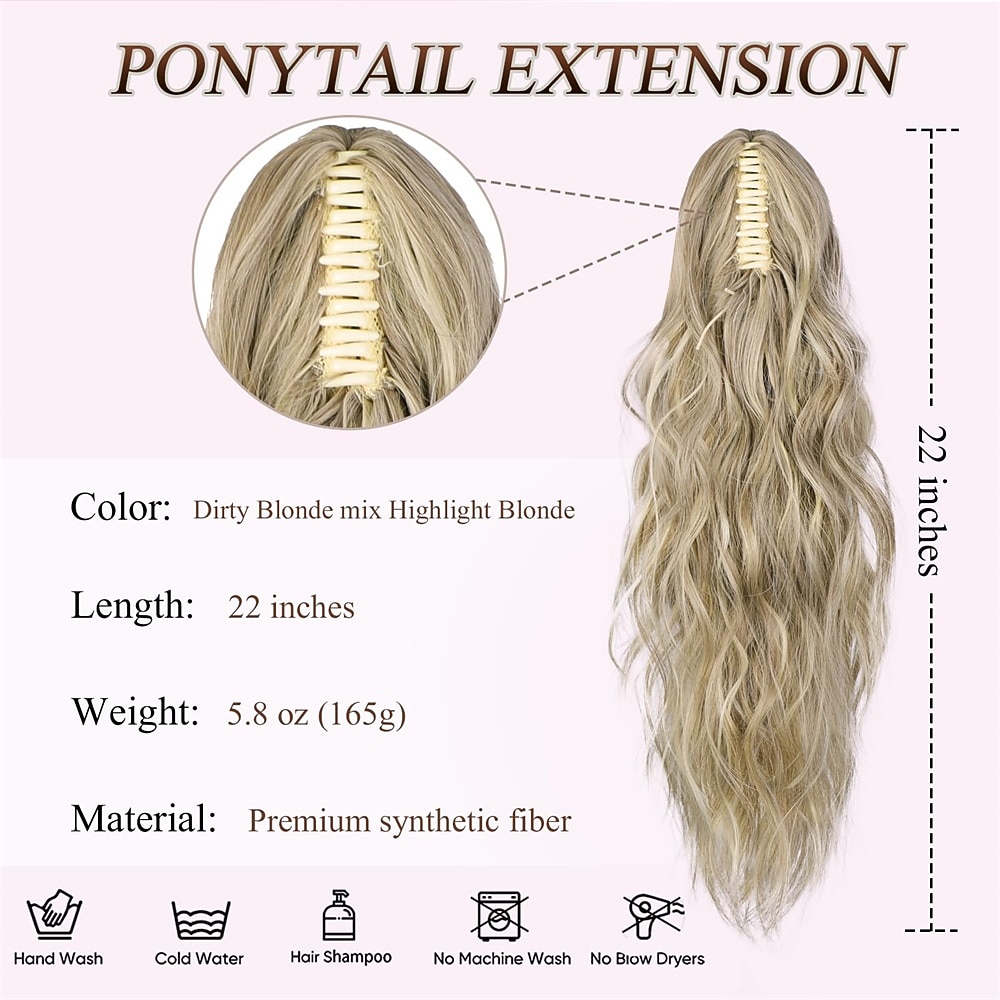 Ponytail Extension Claw Clip in Pony Tails Hair Extensions Fluffy Natural Synthetic Wavy Secret Ponytail Hairpiece 22 Inch Dirty Blonde mix Highlight Blonde for Women Daily Use party 2026 - $17.49 –P12