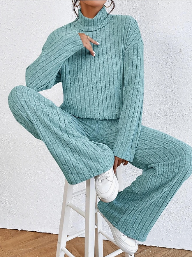 Femme Chaud Néon et lumineux Chemise Ensembles de pantalons Pantalon manche longue Col Roulé Couleur unie Casual Quotidien Noir Vert Véronèse Bleu Automne hiver Standard de 2025 ? $28.99 –P1