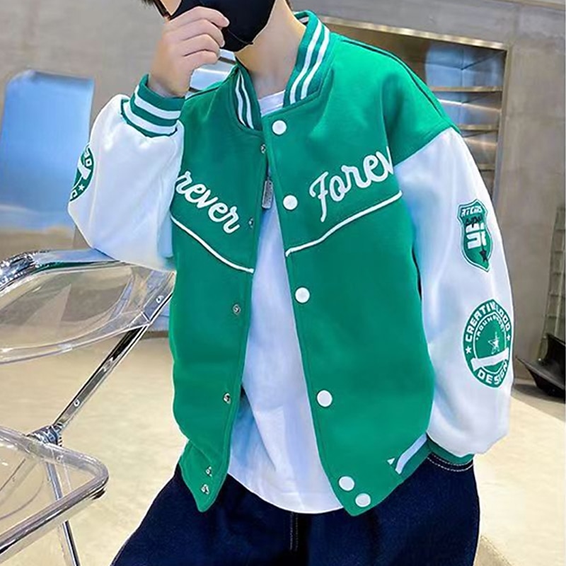 Barn Pojkar Baseballjackor Ytterkläder Färgblock Bokstav Rand Långärmad Ficka Täcka Skola Sport Mode Streetwear Svart Grön Höst Vinter 7-13 år 2025 - $22.99 –P11