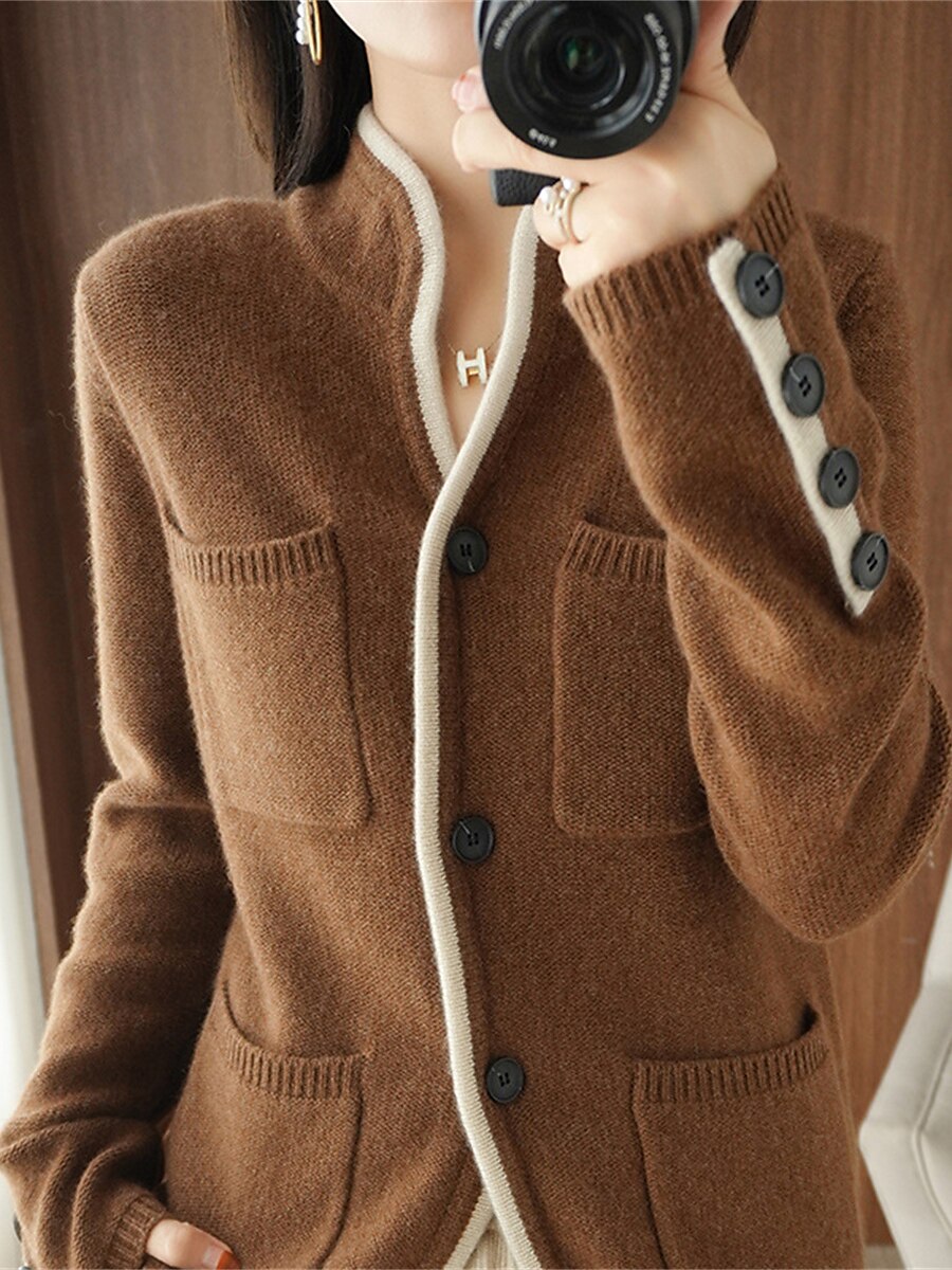 Women's Cardigan Sweater Stand Collar Ribbed Knit Alpaca Wool Button Pocket Fall Winter Outdoor Daily Going out Stylish Casual Soft Long Sleeve Solid Color Brown Beige Grey M L XL 2023 - US $27.99 –P2