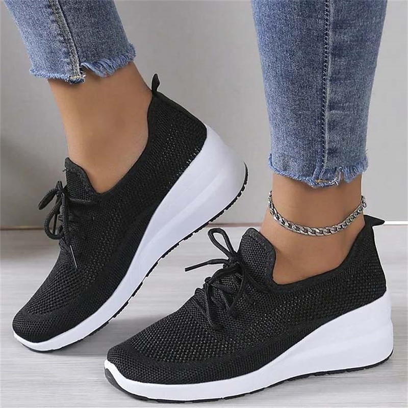 Damen Turnschuhe Schuhe mit innerer Höhenerhöhung Outdoor Täglich Feste Farbe Sommer Keilabsatz Runde Zehe Sport Brautkleider schlicht Komfort Rennen Wanderschuhe Fliegendes Weben Gummiband Schwarz 2025 - $29.99 –P7