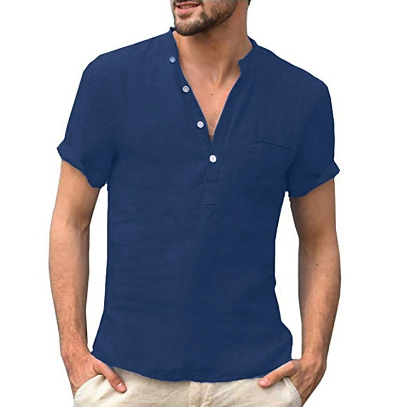 Herr linneskjorta Bandkrageskjorta Sommarskjorta Standkläder Slät Semester Curise Svart Vit Rodnande Rosa Marinblå Kortärmad Krage Kläder 2026 - $23.99 –P16
