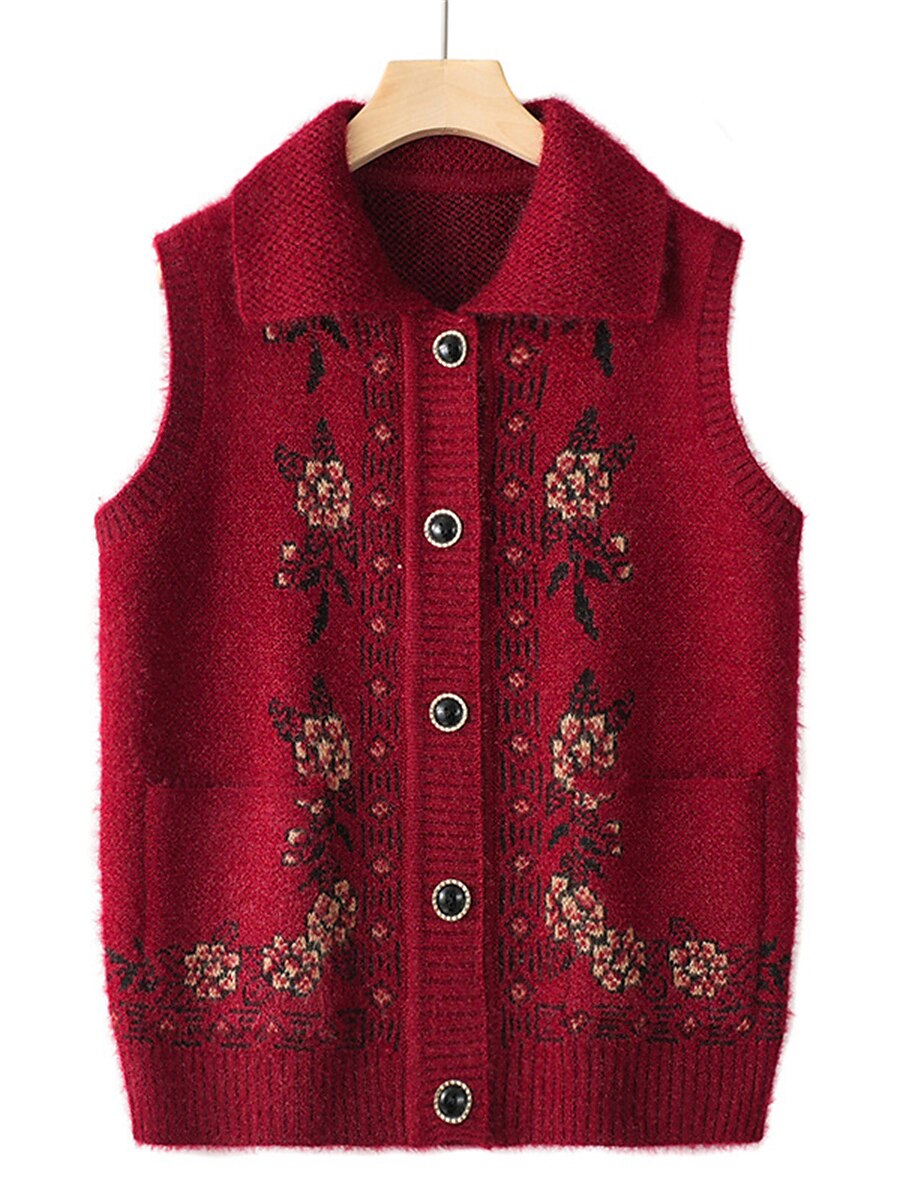 Women's Sweater Vest Shirt Collar Ribbed Knit Polyester Button Pocket Fall Winter Outdoor Daily Holiday Stylish Casual Soft Sleeveless Floral claret caramel colour Navy Blue 3XL reference 125-140 2023 - US $25.99 –P3