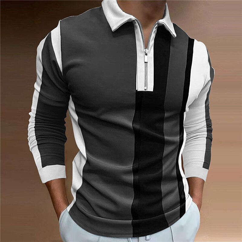 Men's Striped Zip Polo Shirts Golf Shirt Long Sleeve Polo Shirts Collared Shirts Business Casual WorkWear Formal Wear Festival Wear 3D Print Quarter Zip Polo Navy Blue Dark Green Brown 2025 - $23.99 –P7