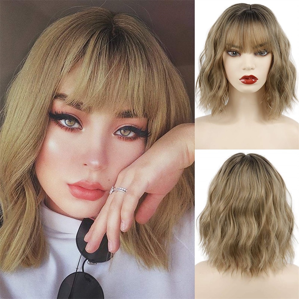 parrucca bianca corta con frangia parrucche di capelli bianchi ondulati per le donne parrucche sintetiche ondulate di lunghezza della spalla bianca parrucche dall'aspetto naturale parrucca in fibra del 2025 a $24.99 –P2