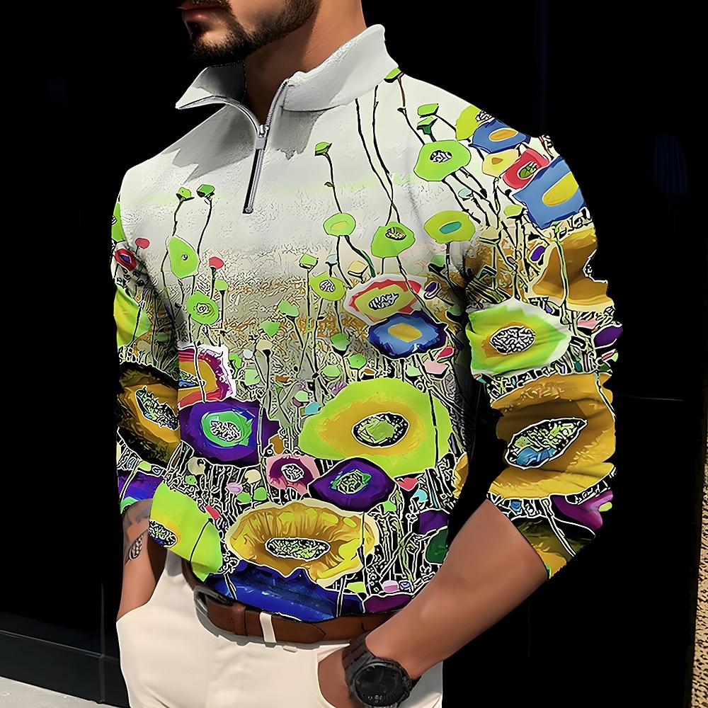Per uomo Floreale Stampe astratte POLO Polo con zip Camicia da golf Golf Manica lunga Camicia Colletto alla coreana Esterno Strada Giallo Rosa Blu Viola Verde Cerniera Stampa Abbigliamento Di del 2026 a $25.99 –P5