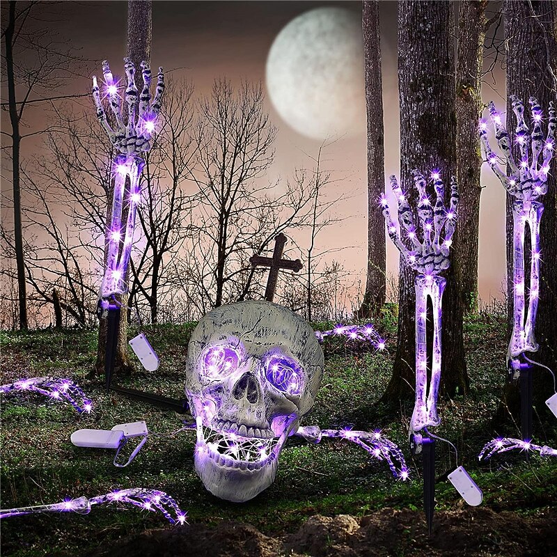 3-pakning realistisk utseende skjelettstaker kirkegård hage plen staker halloween skjelett lys opp halloween dekorasjoner skjelett hender hode gårdsstake med lysstrenger for hage varm hvit / lilla 2025 - $28.99 –P8