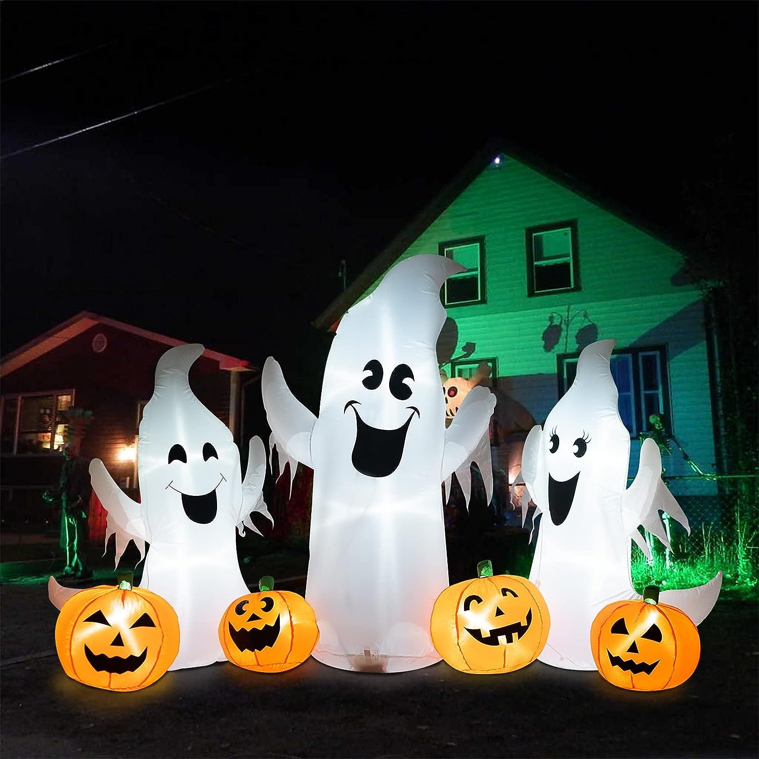 Dmuchane, oświetlone duchy i dynie na Halloween o długości 7 stóp, 3 dmuchane duchy z diodami LED do trawnika na podwórku wewnątrz, dekoracji halloween na zewnątrz 2025 - $59.99 –P2