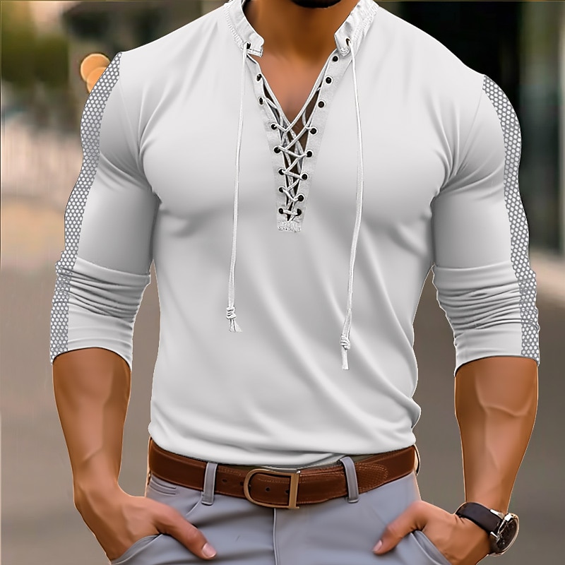 Men's Henley Shirt Tee Top Long Sleeve Henley Summer Patchwork Fashion Designer Basic Lace up Vacation Street Going out White Green Khaki Top Tee for Men 2025 - $21.99 –P7