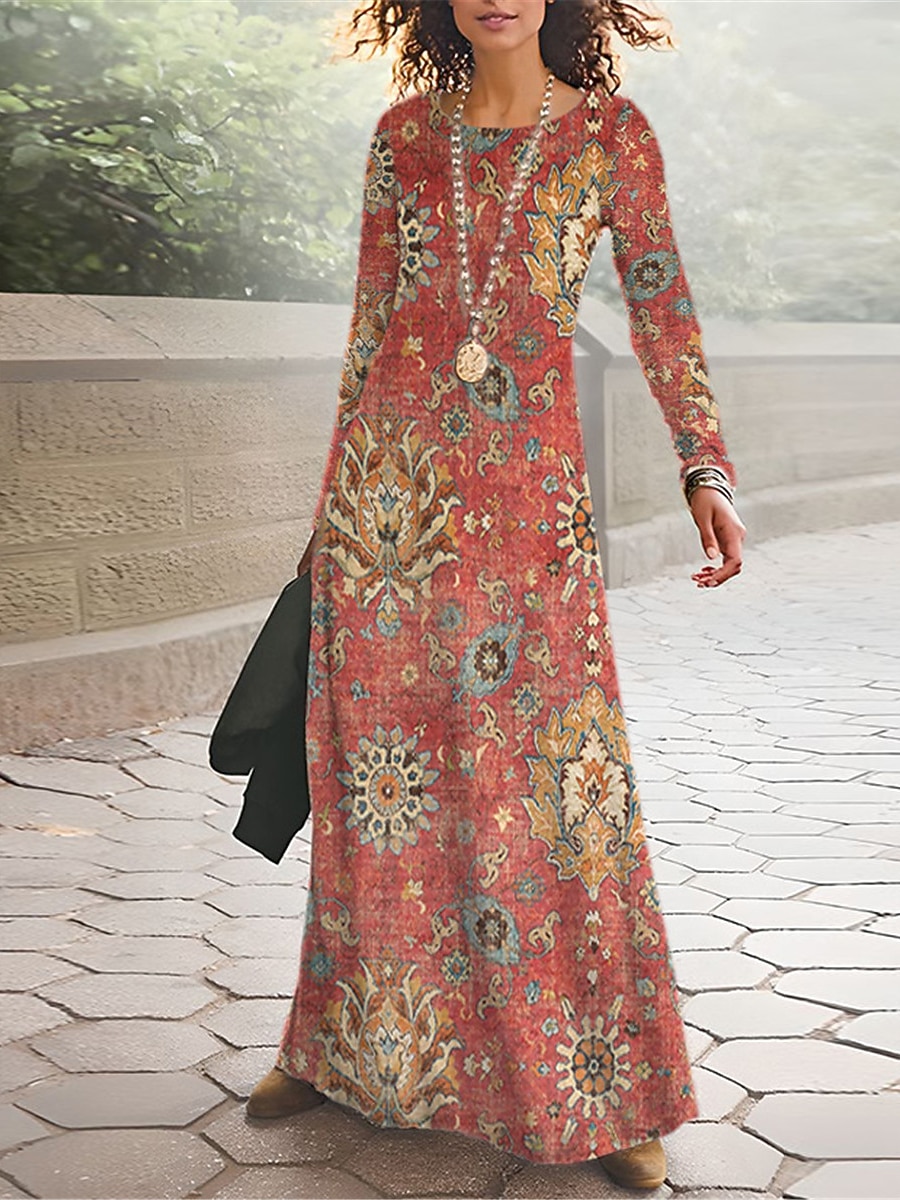 Mulheres Vestido Longo Vestido Maxi Vestido casual Roupa de inverno Vestido estampado Vintage Étnico Tribal Diário Ao ar livre Rua Normal Floral Tribal Manga Longa Gola Redonda Preto Vermelho Azul de 2026 por $34.99 –P3