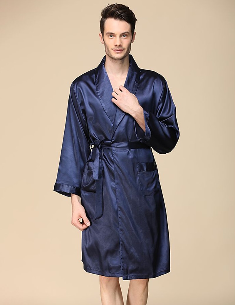 Men's Robe Silk Robe Sleepwear Plain Stylish Casual Comfort Home Daily Bed Faux Silk Comfort Summer Spring Silver Blue 2025 - $36.99 –P8