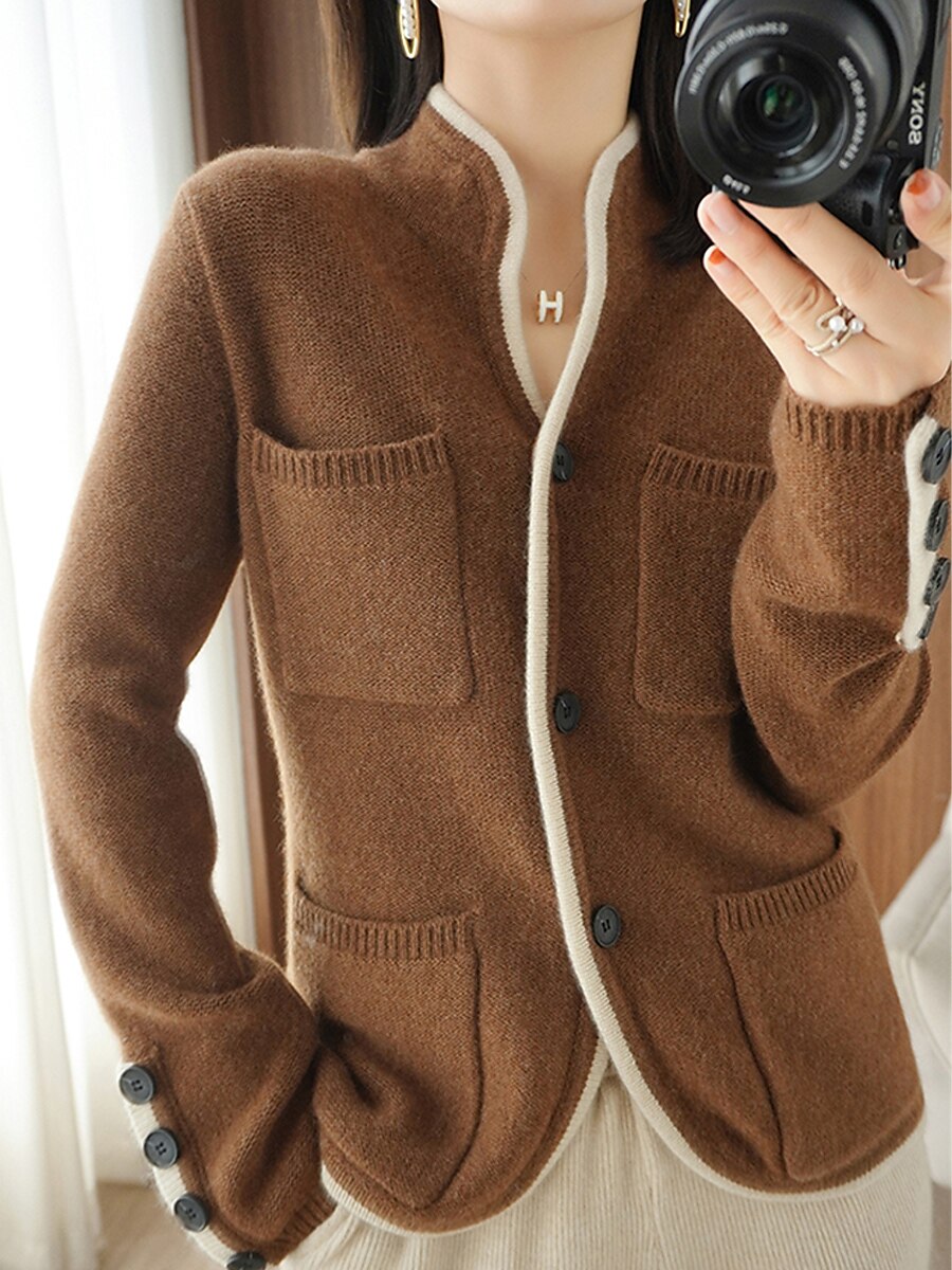 Women's Cardigan Sweater Stand Collar Ribbed Knit Alpaca Wool Button Pocket Fall Winter Outdoor Daily Going out Stylish Casual Soft Long Sleeve Solid Color Brown Beige Grey M L XL 2023 - US $27.99 –P9
