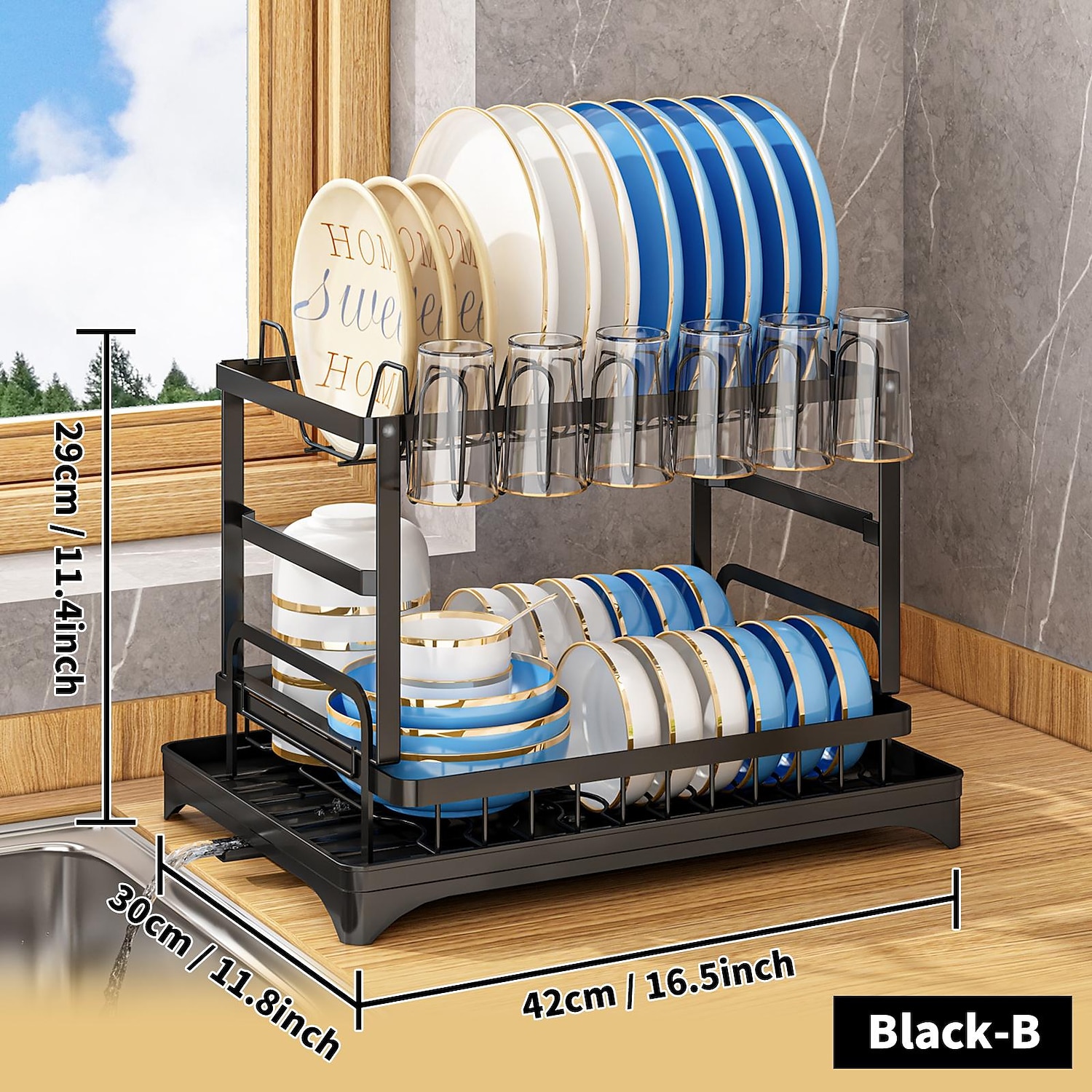 2 Tier Dish Drying Rack Rustproof Dish Rack and Drainboard Set - Silver, Black