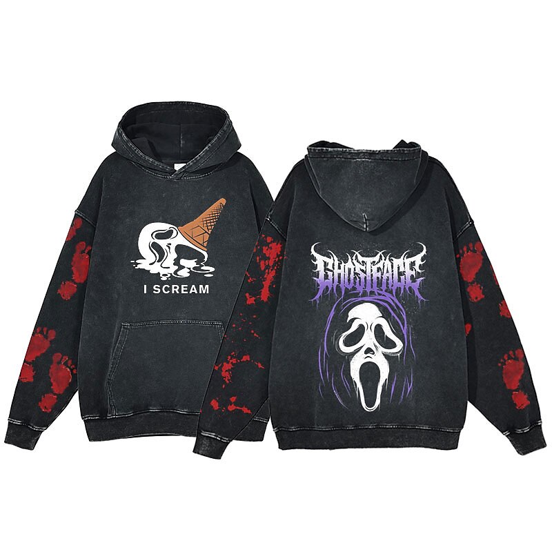 Halloween Grido Faccia da fantasma Teschio dello scheletro Felpa con cappuccio T-shirt oversize lavata con acido Stampa Tasca frontale Grafica Per Da coppia Per uomo Per donna Per adulto Mascherata del 2025 a $37.99 –P2