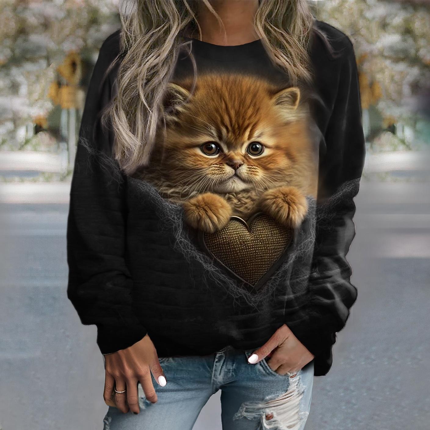 Sudadera de mujer con estampado de gato, informal, deportiva, activa, cuello redondo, manga larga, top microelástico, caída&Tejido suave, transpirable y cómodo para el invierno. 2025 - $27.99 –P3