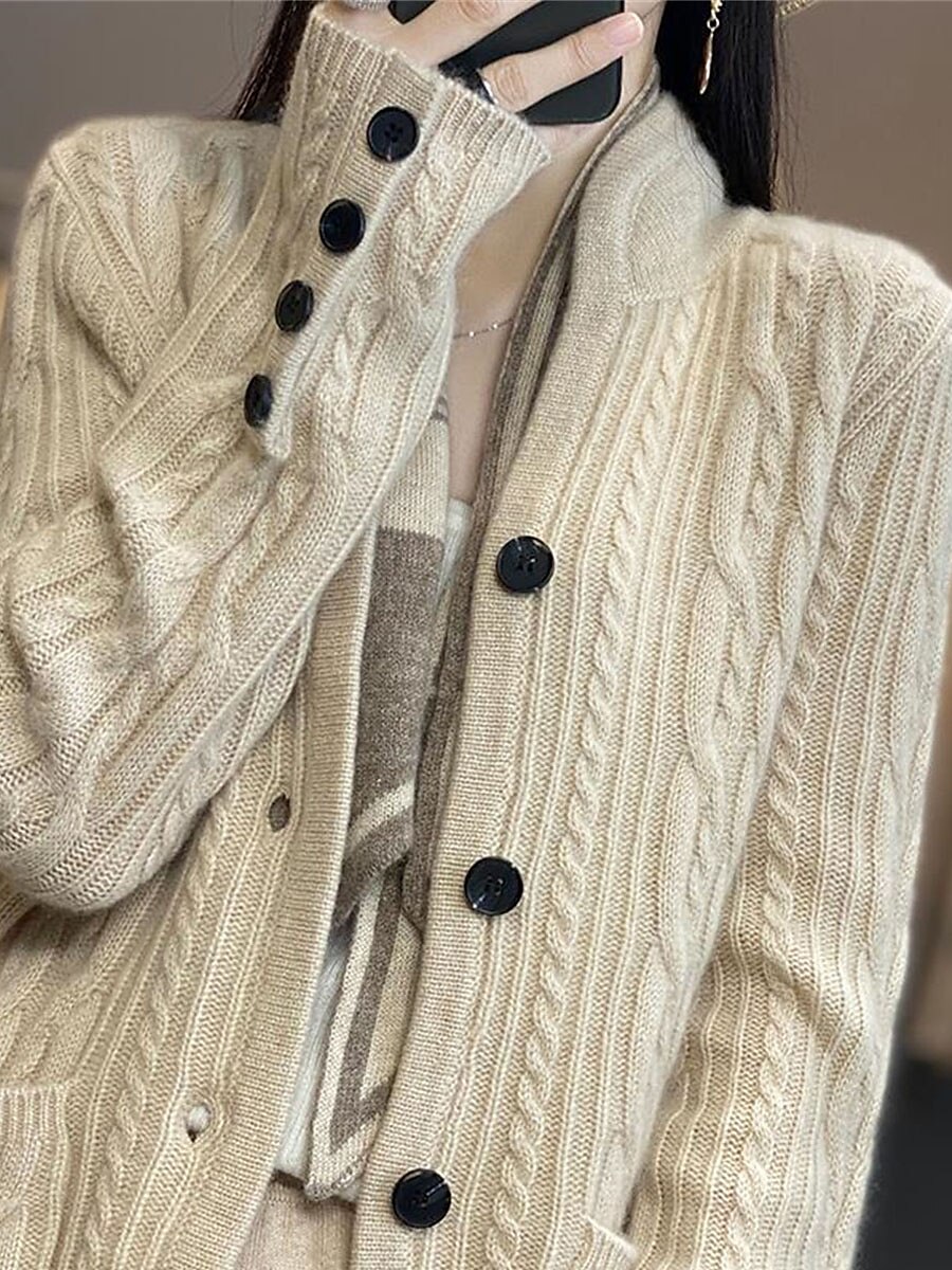 Women's Cardigan Sweater Stand Collar Cable Knit Rayon Button Pocket Fall Winter Outdoor Daily Going out Stylish Casual Soft Long Sleeve Solid Color White Brown Beige S M L 2023 - US $35.99 –P5