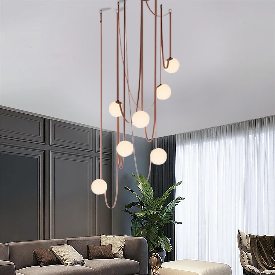 Lámpara colgante LED de 1/3/5/7 luces con diseño de racimo, lámpara de araña de cuerda de cáñamo con globo de cristal, lámpara colgante moderna de color negro y rosa, lámpara colgante de montaje 2025 - $229.99 –P5