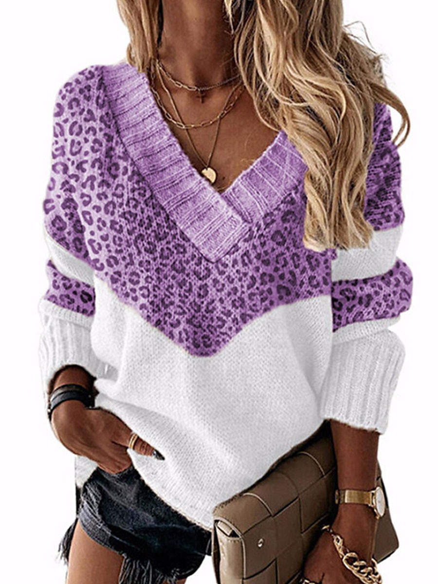 Femme Pull mode Décontractées Flexible Léopard Bloc de couleur A côtes Col V Patchwork manche longue Hauts réguliers Tricoter du quotidien Sortie Fin de semaine Rose Claire Bleu Automne Hiver de 2025 ? $46.99 –P4