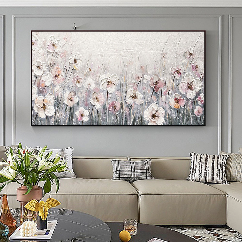 Handgefertigtes handgemaltes Ölgemälde an der Wand, abstraktes Ölgemälde mit weißen blühenden Blumen auf Leinwand, originales goldenes Blumen-Acrylgemälde, modernes großes Wandkunst-Dekor, gerollte 2025 - $77.99 –P6