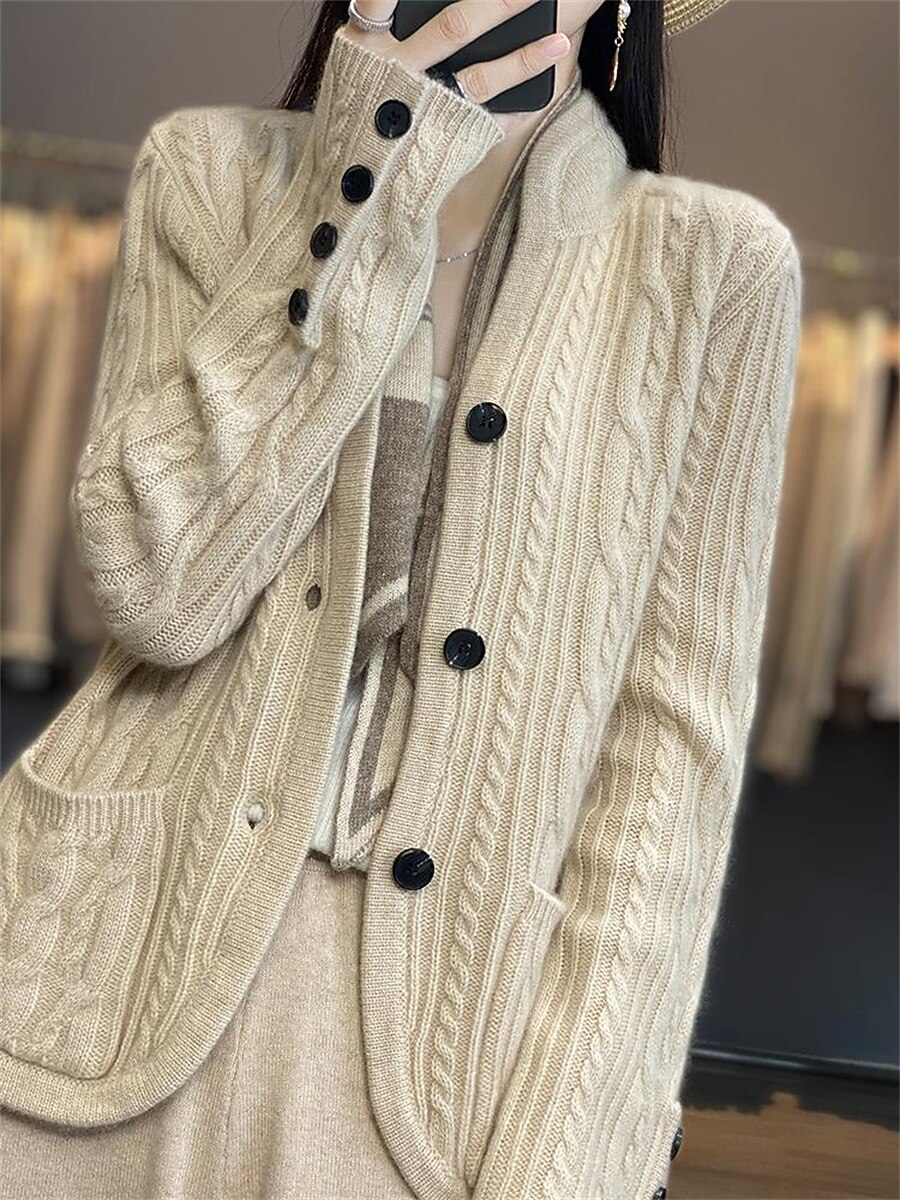 Women's Cardigan Sweater Stand Collar Cable Knit Rayon Button Pocket Fall Winter Outdoor Daily Going out Stylish Casual Soft Long Sleeve Solid Color White Brown Beige S M L 2023 - US $35.99 –P2
