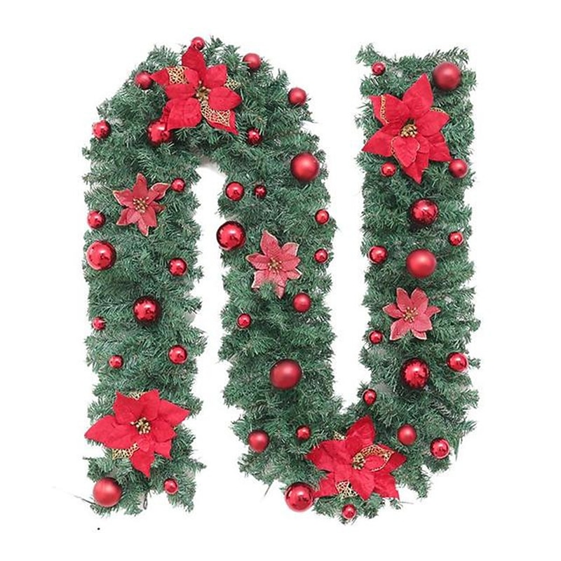 8,8 láb/2,7 m mesterséges karácsonyi füzér lépcsőház dekoráció zöld rattan virágdíszekkel otthoni lépcsők kandalló bejárati veranda ajtó bemutató beltéri kültéri karácsonyi dekoráció 2025 - $29.99 –P8