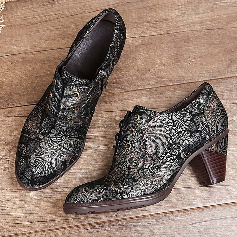 Edward-korabeli ihletésű vintage jacquard fűzős bőr bokacsizma vastag sarokkal, retró virágmintás rövid csizma nőknek 2025 - $109.99 –P11