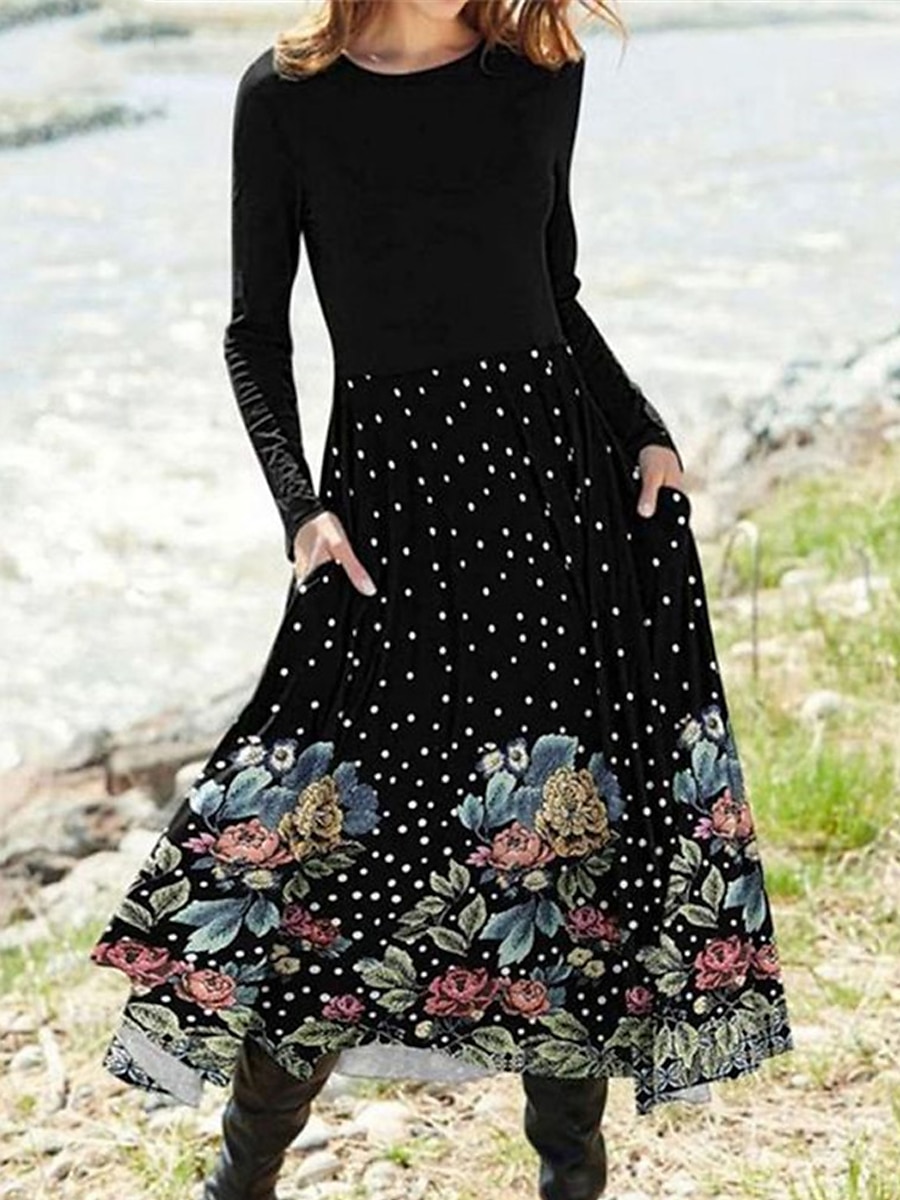 Per donna Vestito longuette Abito casual Vestito invernale Abito etnico Vestito svasato Vintage Etnico Tribale Formale Esterno Da mare Standard Ambra Floreale Tribale Manica lunga Girocollo Nero del 2025 a $36.99 –P4