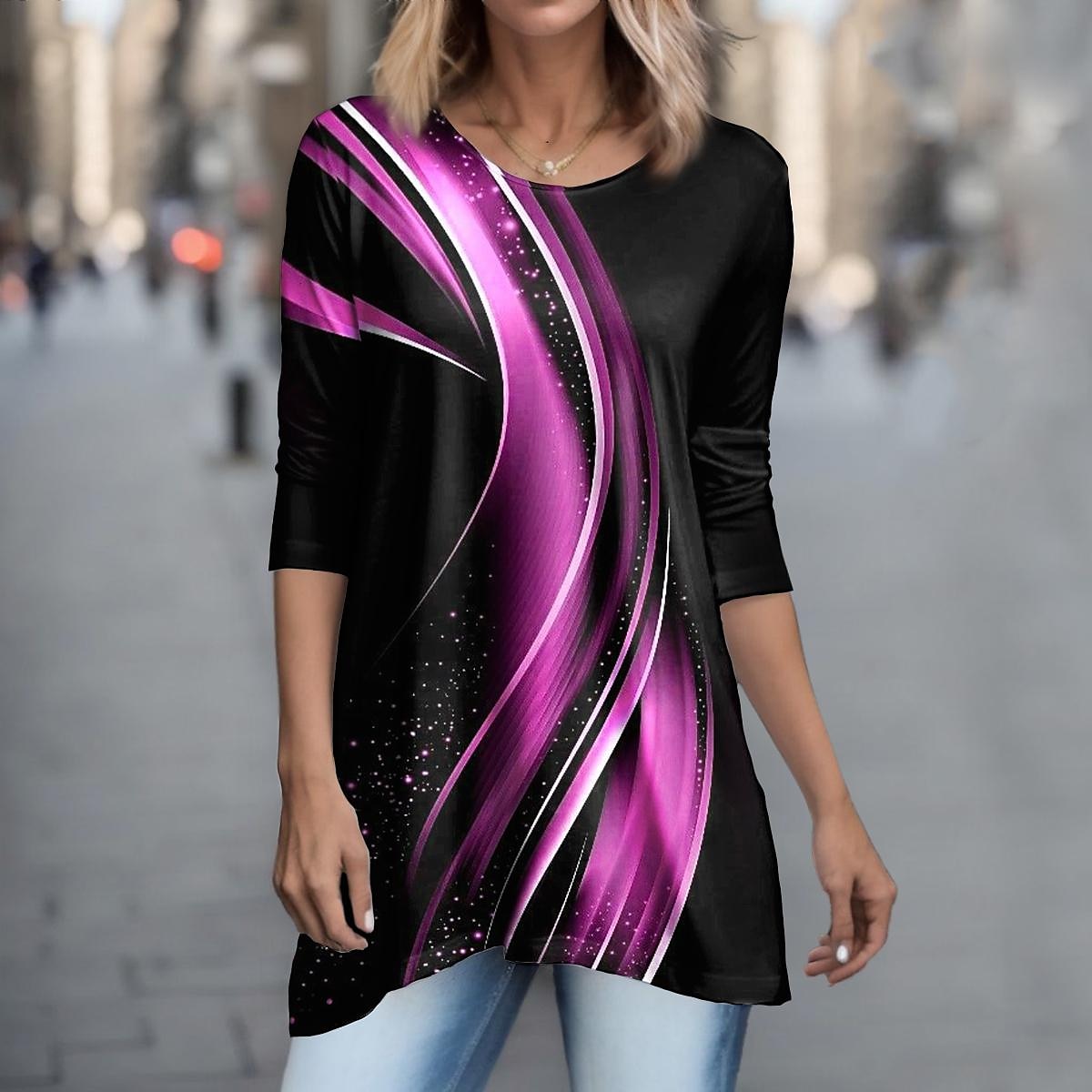 T-shirt Tunique Femme Géométrique Basic Manches Longues Col Rond Longs Hauts Quotidien Week-end Imprimé Tunique Fluide Rose Bleu Violet Vert Gris Printemps  Automne de 2025 ? $29.99 –P4