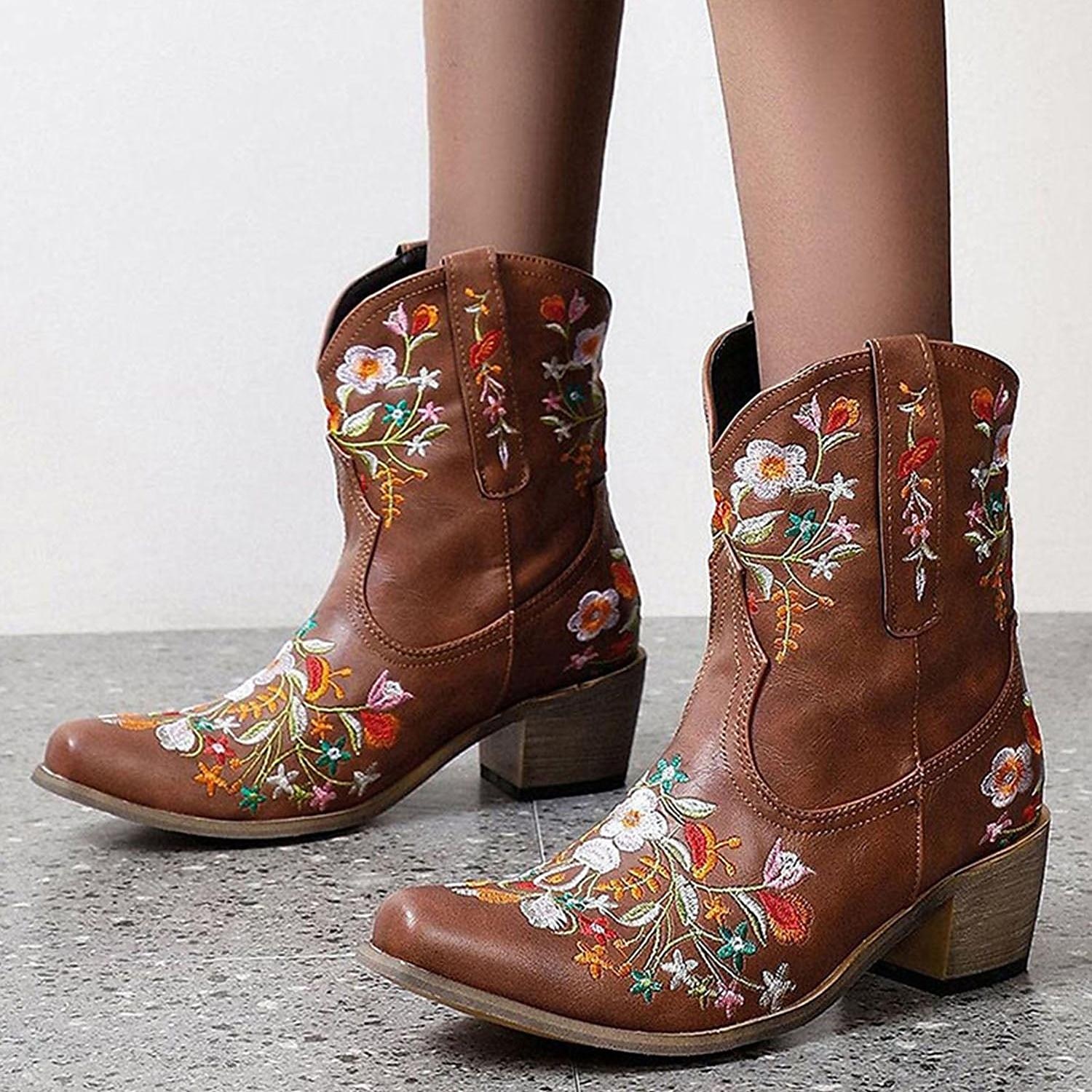 Women's Vintage Western Cowboy Boots – Floral Embroidered Faux Leather Ankle Boots for Casual and Festival Wear 2025 - $64.99 –P4