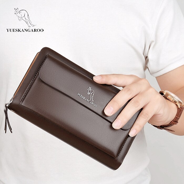 Men Business Clutch Bag Double Zipper Large Capacity Leather Wallet Card  Holder
