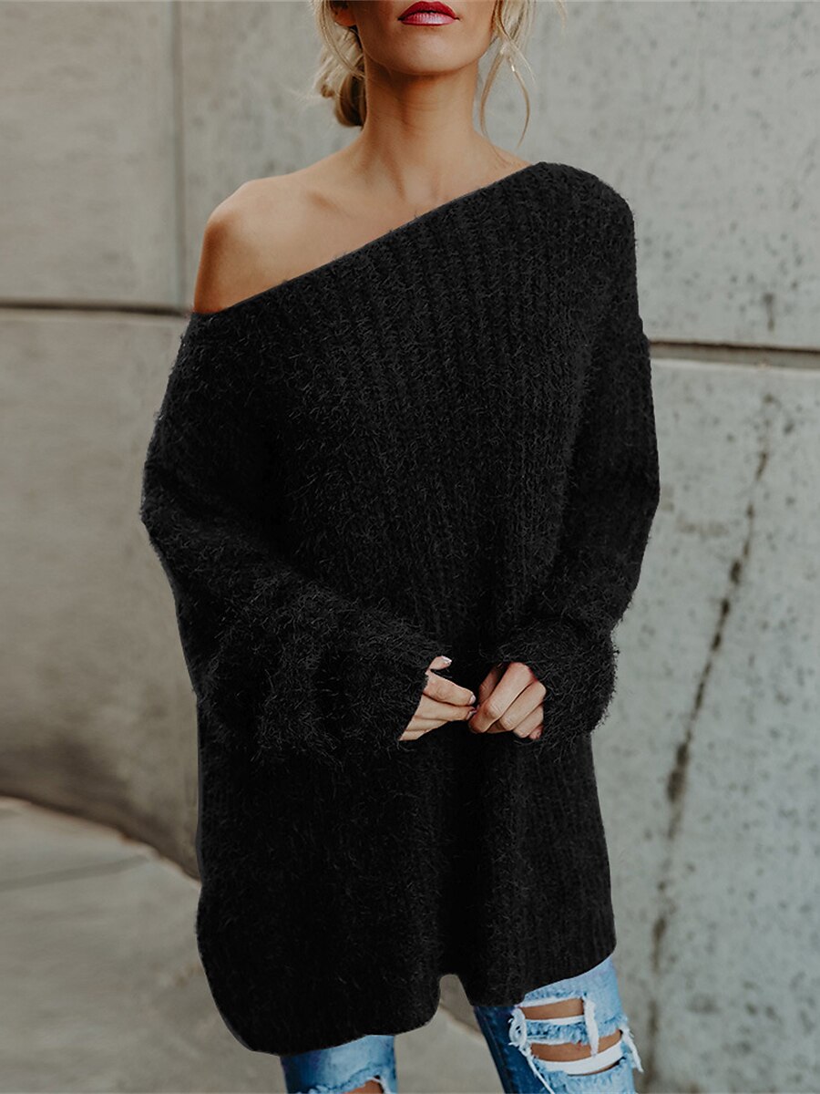 Dame Pullover genser Stilfull Fritid Myk Helfarge Riflet Enskuldret Kald skulder Langermet Kort Strikke Daglig Ut på byen Helg Rosa Navyblå Høst Vinter 2025 - $27.99 –P11