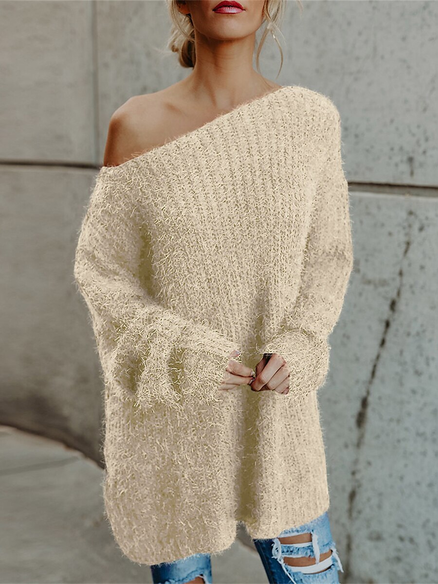 Dame Pullover genser Stilfull Fritid Myk Helfarge Riflet Enskuldret Kald skulder Langermet Kort Strikke Daglig Ut på byen Helg Rosa Navyblå Høst Vinter 2025 - $27.99 –P7