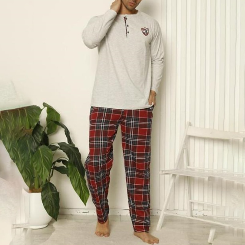 Per uomo loungewear Pigiami Set pigiama Top e pantalone del pigiama 2 pezzi A quadri Moda Informale Comoda Interni Giornaliero Misto cotone Comfort Henley Manica lunga maglietta Pantalone A del 2026 a $36.99 –P1