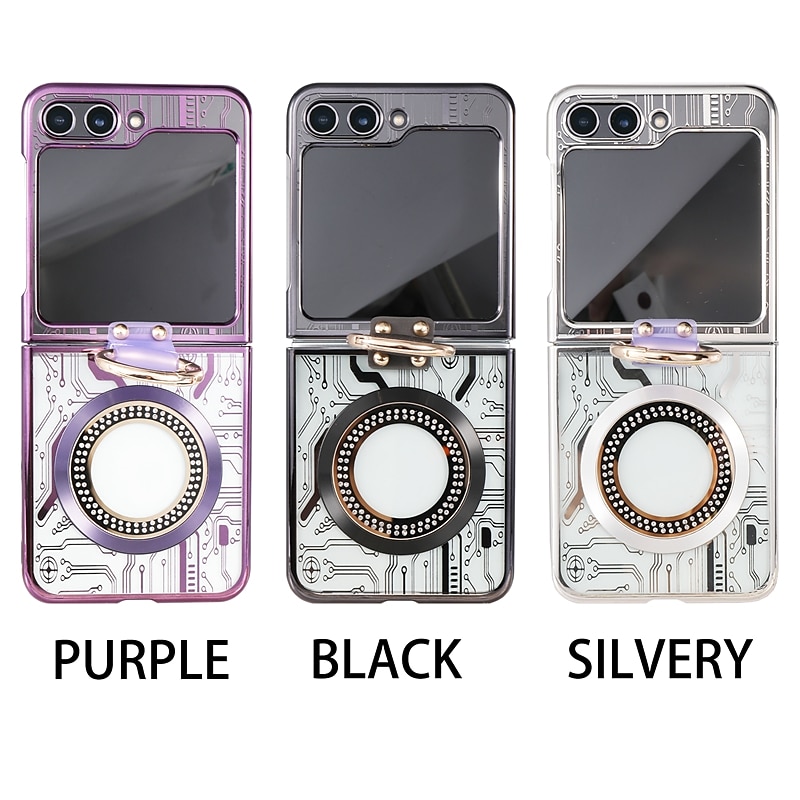 Phone Case For Z Flip 6 Z Flip 5 Back Cover Magnetic Adsorption With Magsafe with Stand Holder Ring Holder Full Body Protective Retro TPU Plating Metal 2025 - $21.99 –P11