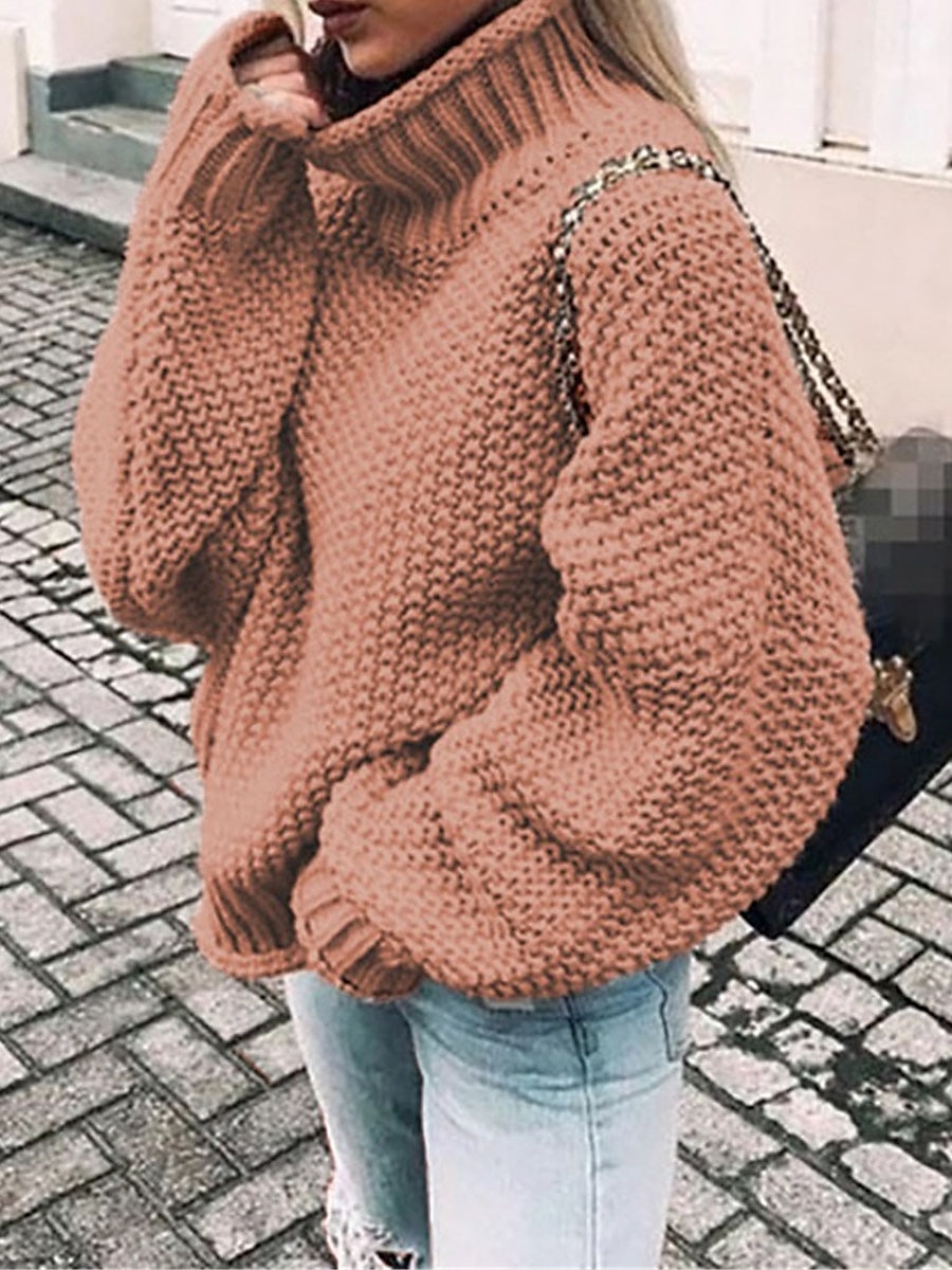 Dame Pullover genser Stilfull Fritid Myk Helfarge Riflet Rullekrage Overstørrelse Langermet Vanlige topper Strikke Daglig Ut på byen Helg Svart Rosa Høst Vinter 2025 - $33.99 –P5