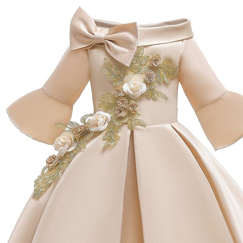 Copii Fete Rochie de petrecere Floral Lungime Manșon 3/4 Oficial Performanță Nuntă Nodul cravatei Modă Adorabil Bumbac Midi Rochie de petrecere Rochie cu broderie florală Rochie de Fata de Flori Var 2025 - €28.29 –P1