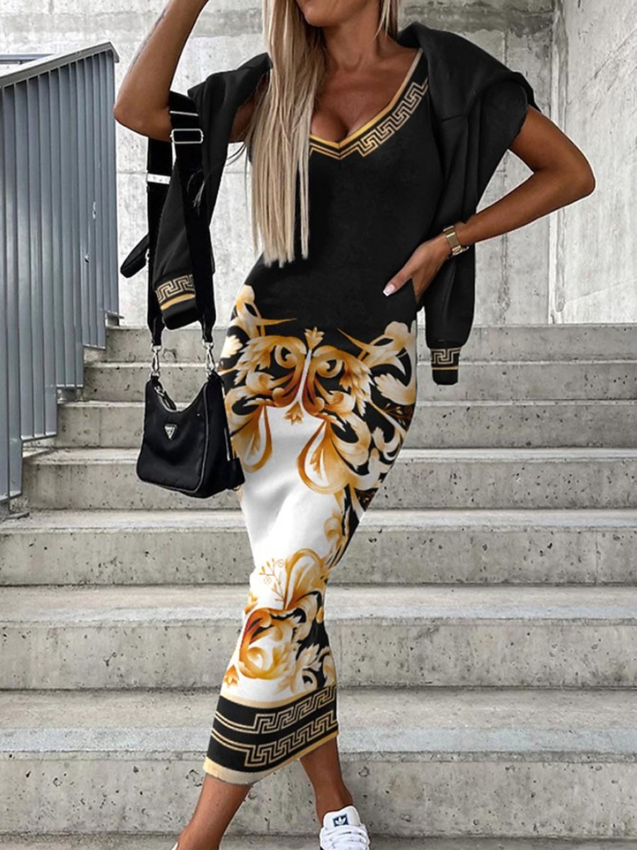 Pentru femei Set de rochii Rochie casual Set fuste Rochie teacă Modă Șic Stradă Floral Geometric Imprimeu Rochii Midi Manșon Lung În V În aer liber Vacanță Negru Alb Galben Toamnă Iarnă Potrivire 2025 - $34.99 –P2