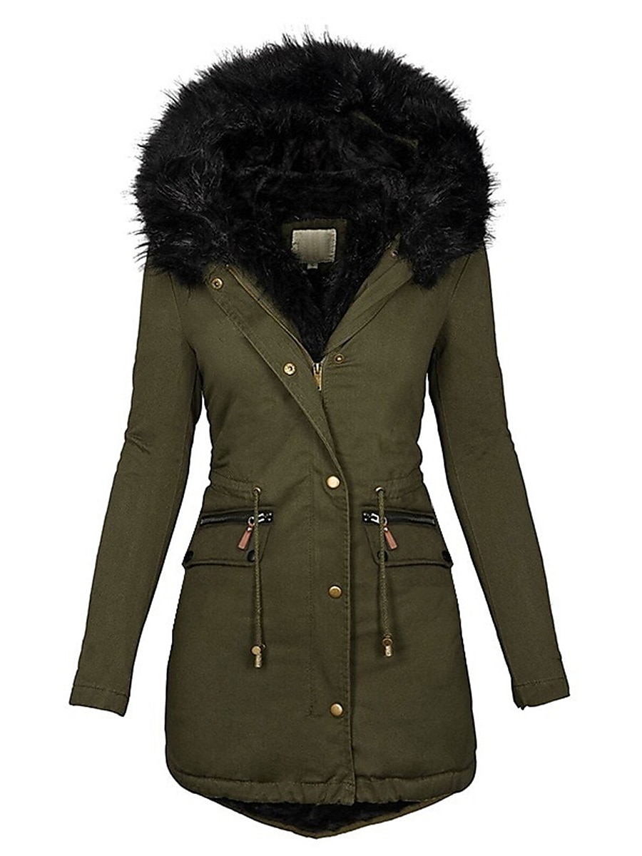 Women's Parka Fleece Puffer Jacket Winter Thicken Coat Warm Windproof Outerwear with Fur Collar Drawstring Zip up Stylish Casual Street Jacket with Pockets Long Sleeve Black Army Green Navy Blue 2024 - $58.99 –P2