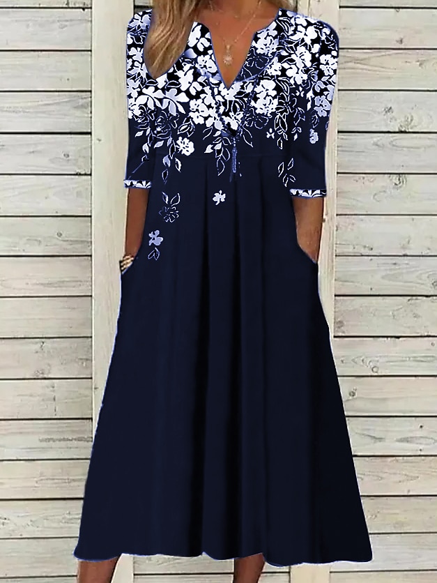 Kvinnors Midi Klänning Tunika Klänning Blommig Ficka V-Hals Midi Klänning Elegant Stilig Daglig Halv Ärm Sommar Vår 2025 - $46.99 –P12