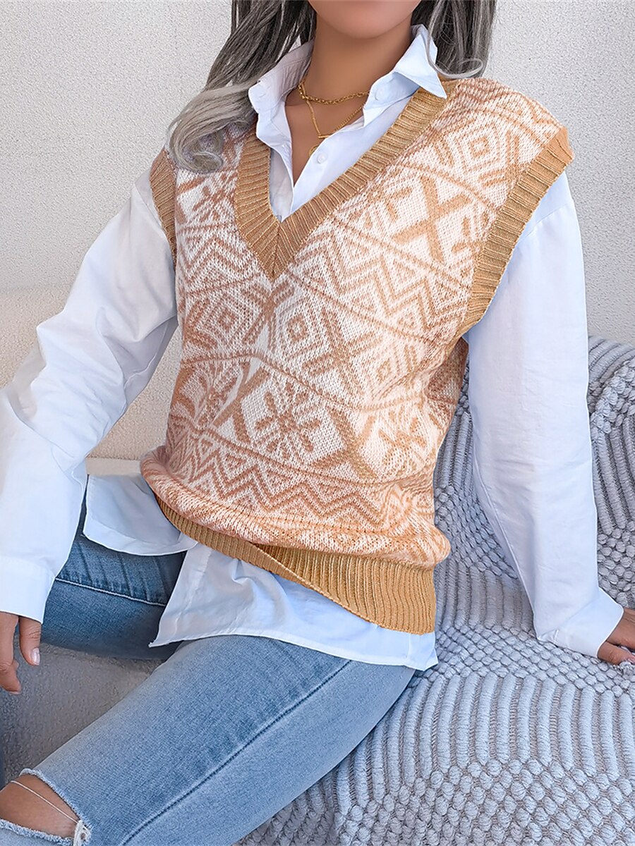 Women's Xmas Sweater Vest V Neck Ribbed Knit Acrylic Button Fall Winter Regular Outdoor Christmas Daily Stylish Casual Soft Sleeveless Snowflake Wine Blue Khaki S M L 2023 - US $27.99 –P16