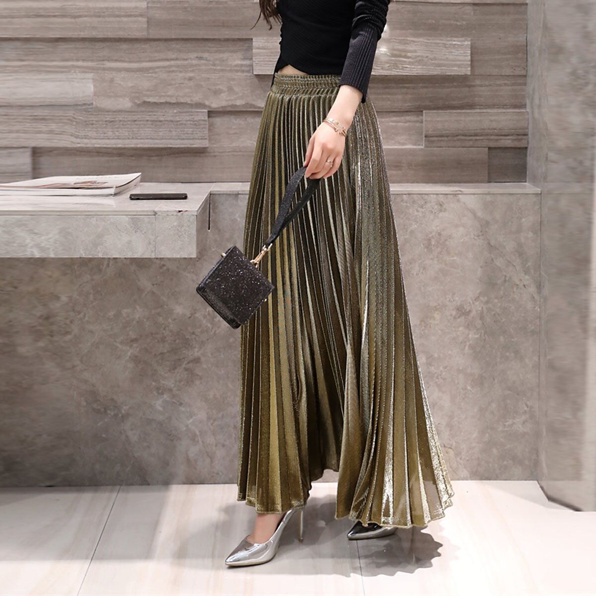 Pentru femei Fustă Linie A Leagăn Fusta lunga Elegant Modă Maxi Talie Înaltă Fuste Mată Plisată Stradă Zilnic Argintiu Roșu Vin Negru Auriu Iarnă Amestec Bumbac Catifea 2025 - $31.99 –P14