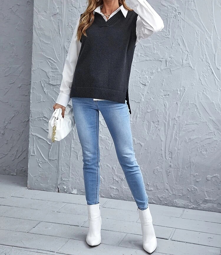 Women's Sweater Vest Pullover Sweater Jumper V Neck Ribbed Knit Nylon Acrylic Rayon Patchwork Summer Spring Fall Regular Home Daily Stylish Casual Soft Long Sleeve Solid Color Black Light Green Wine 2023 - US $25.99 –P4