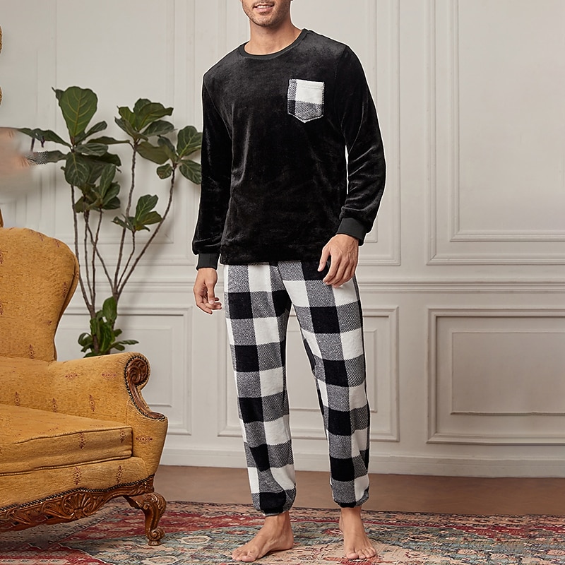 Herren Hausanzug Schlafanzüge Schlafanzug Set Pyjama-Oberteil und Hose 2 Stück Plaid Stilvoll Brautkleider schlicht Komfort Heim Täglich Flanell Komfort Rundhalsausschnitt Langarm Pullover 2026 - $53.99 –P9