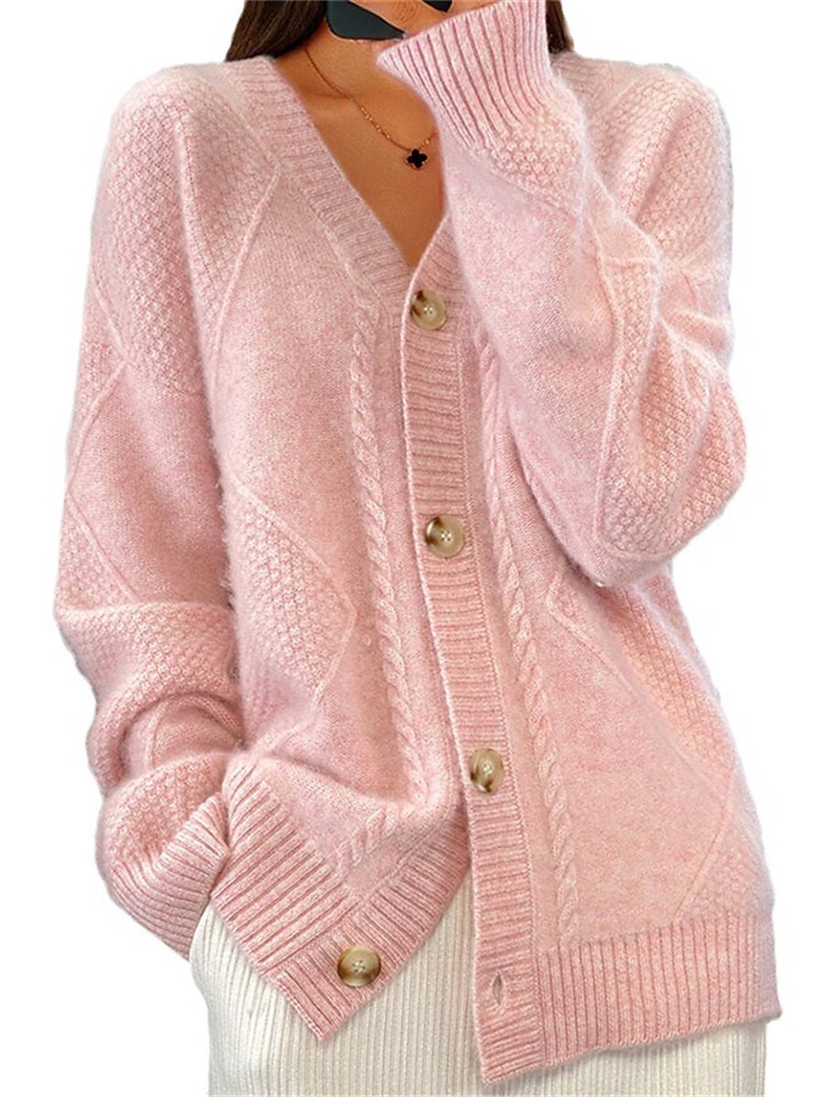 Women's Cardigan Sweater V Neck Ribbed Knit Acrylic Button Fall Winter Regular Daily Going out Weekend Stylish Casual Soft Long Sleeve Solid Color Pink Red Camel S M L 2023 - US $27.99 –P5