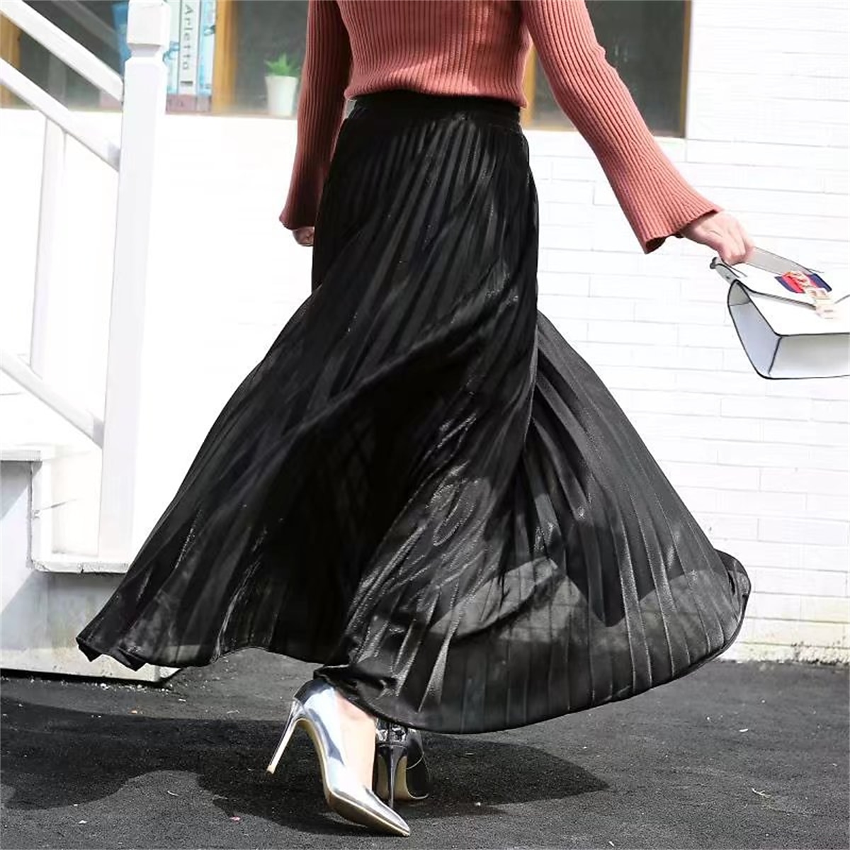 Pentru femei Fustă Linie A Leagăn Fusta lunga Elegant Modă Maxi Talie Înaltă Fuste Mată Plisată Stradă Zilnic Argintiu Roșu Vin Negru Auriu Iarnă Amestec Bumbac Catifea 2025 - $31.99 –P9