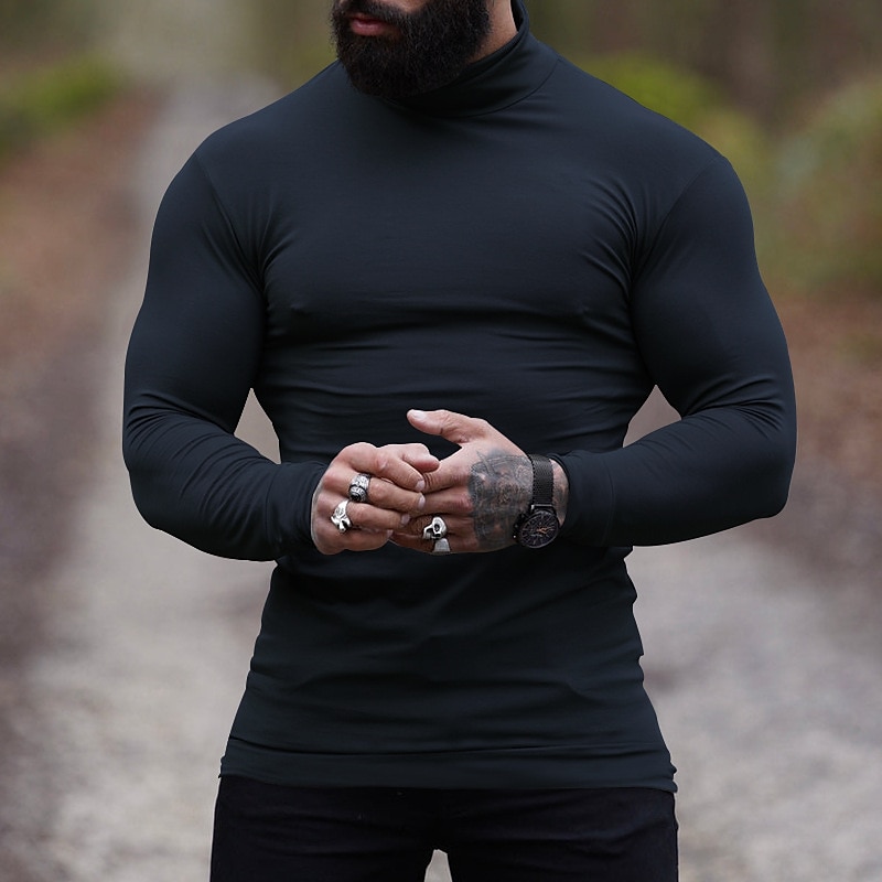 Herren T Shirt T-Shirt Langarmshirt Langarm Rollkragen Frühling & Herbst Einfach Mode Designer Basic Urlaub Straße Ausgehen Wein Aprikose Dunkelgrau Top T-Shirt für Herren 2025 - $23.99 –P5
