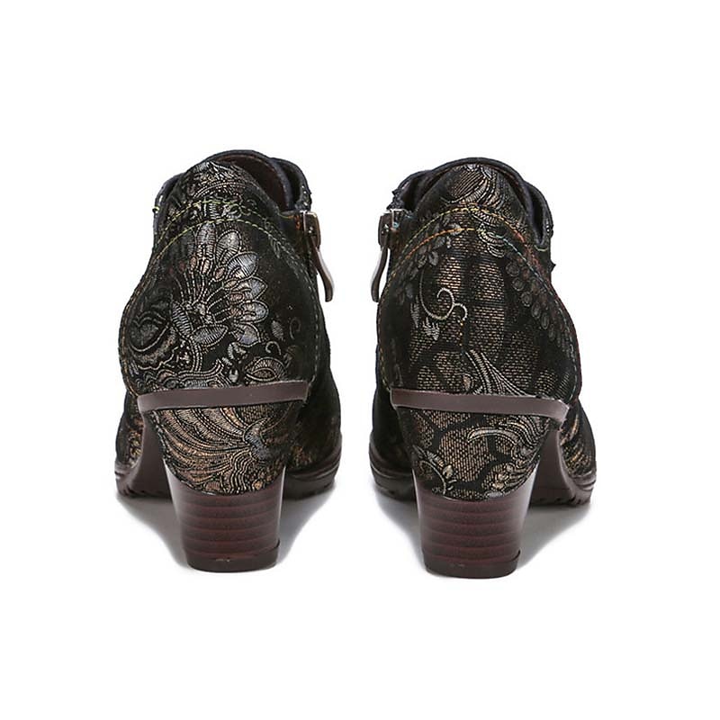Edward-korabeli ihletésű vintage jacquard fűzős bőr bokacsizma vastag sarokkal, retró virágmintás rövid csizma nőknek 2025 - $109.99 –P15